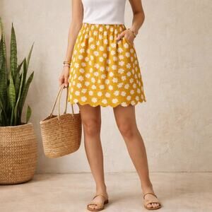 J.Crew Linen Scalloped Hem Floral Pull-On Skirt Mustard Yellow White Size 4